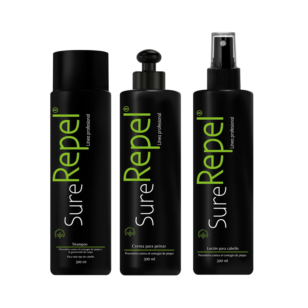 KIT ANTI PIOJOS PROFESIONAL SURE REPEL - SHAMPOO, LOCION Y CREMA PARA PEINAR