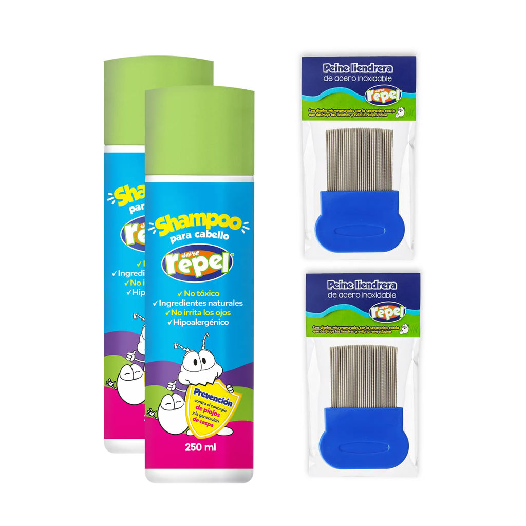 KIT ANTI PIOJOS SURE REPEL 2 SHAMPOO Y 2 PEINES LIENDREROS
