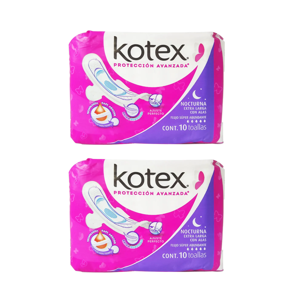 KOTEX NOCTURNA CON ALAS DOS PAQ CON 10 TOALLAS C/U