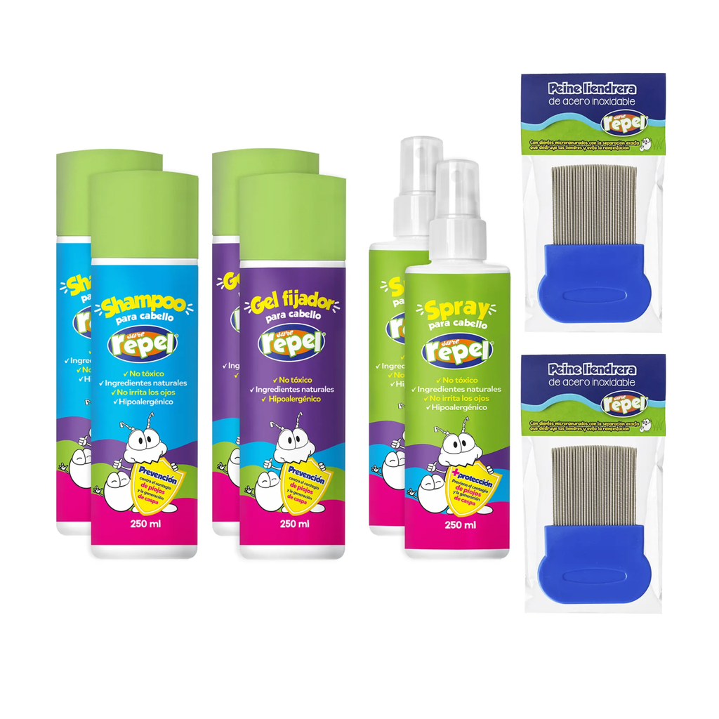 KIT ANTI PIOJOS SURE REPEL INFANTIL 2 SHAMPOO, 2 GEL, 2 SPRAY Y 2 PEINES LINEDREROS