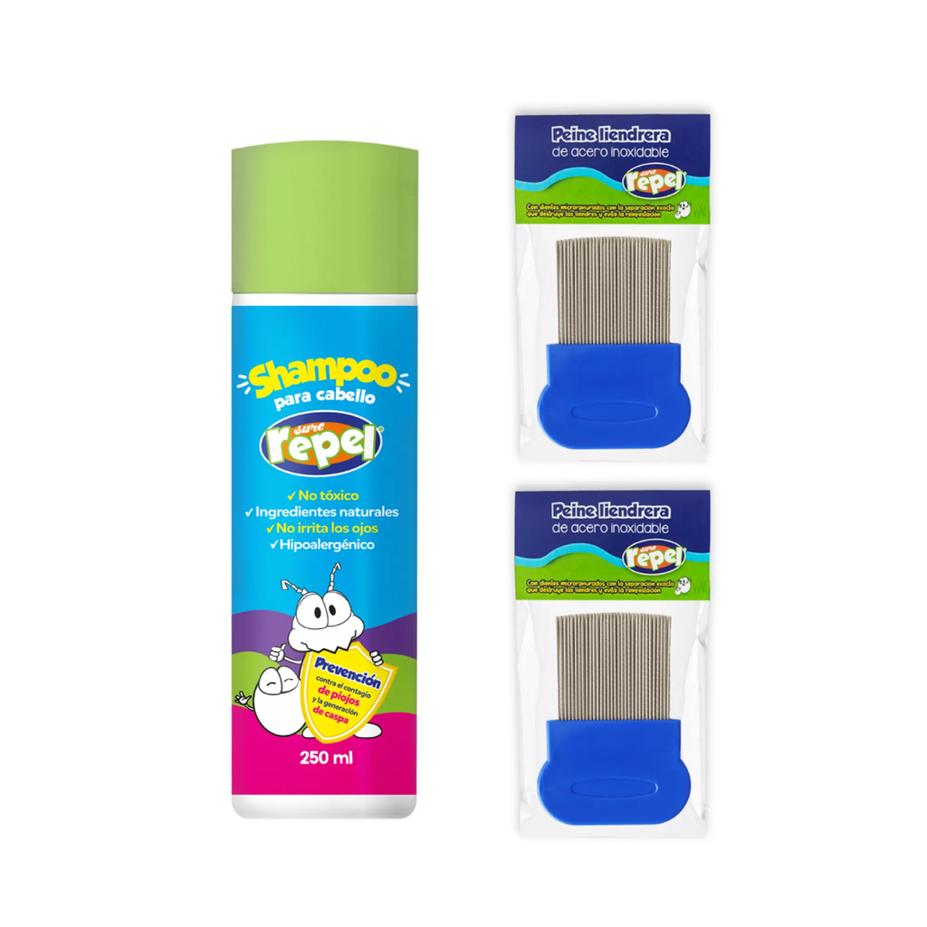 KIT ANTI PIOJOS SURE REPEL INFANTIL 1 SHAMPOO Y 2 PEINES LIENDREROS