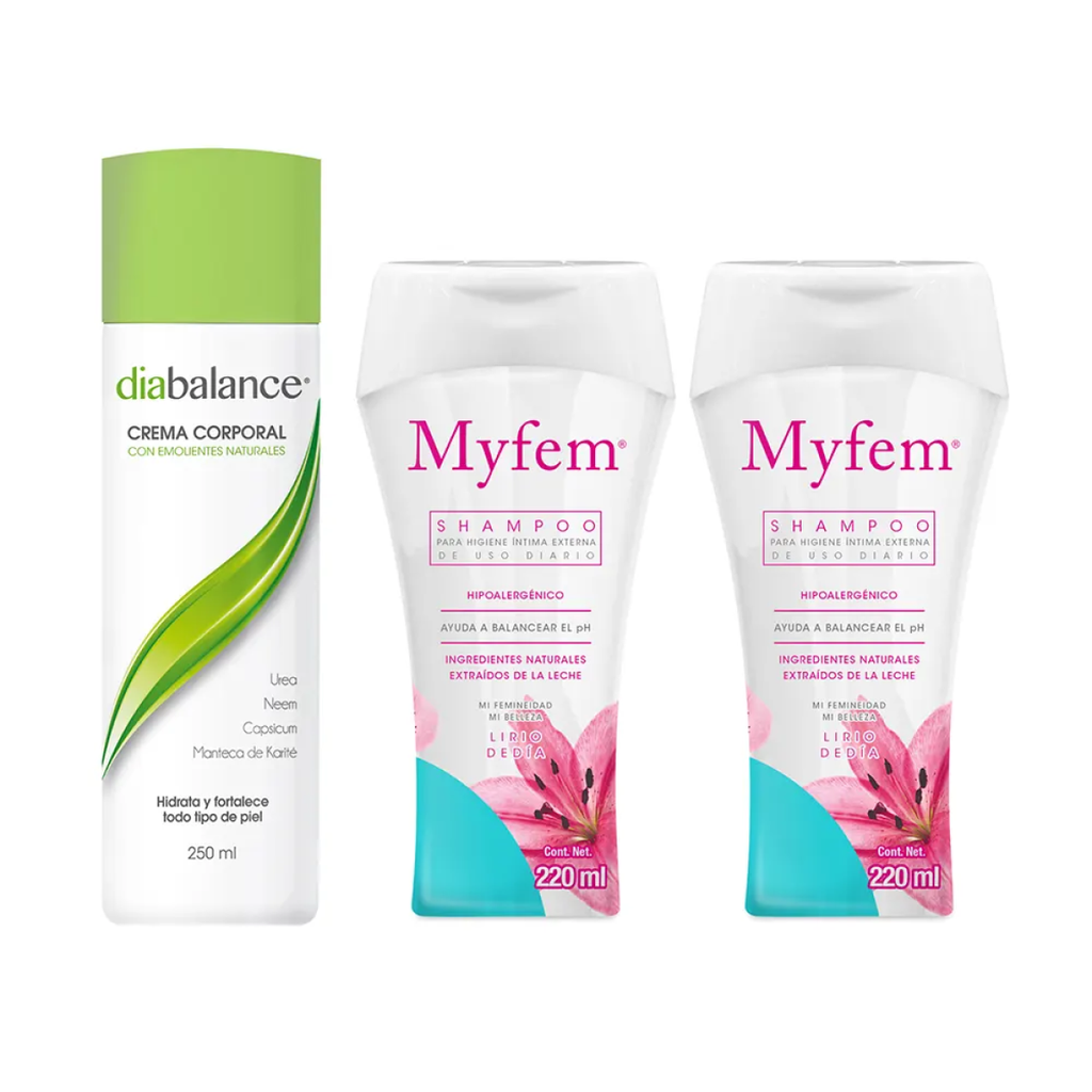 KIT CREMA CORPORAL DIABALANCE + 2 SHAMPOO INTIMO MYFEM