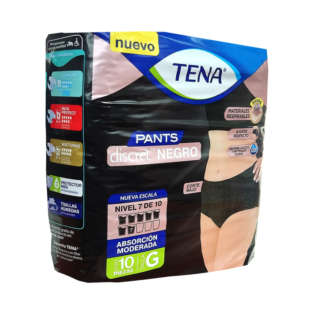 TENA PANTS DISCRET NEGRO GRANDE 10 Piezas