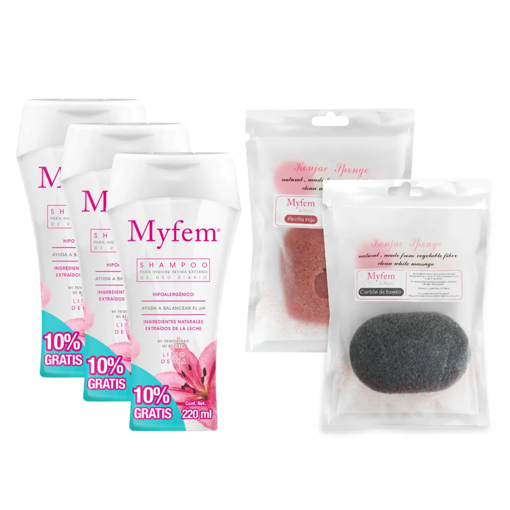 KIT 3 SHAMPOO INTIMO MYFEM + 2 ESPONJAS KONJAC 