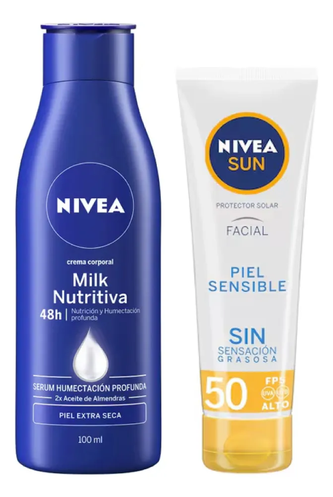 KIT CREMA NIVEA MILK 100mL + PROTECTOR SOLAR 50 FPS PIEL SENSIBLE 50mL