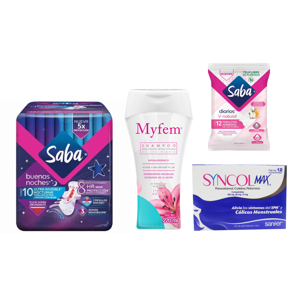 KIT SABA BUENAS NOCHES 10 PZS + SHAMPOO INTIMO MYFEM 220 ML + SYNCOL MAX