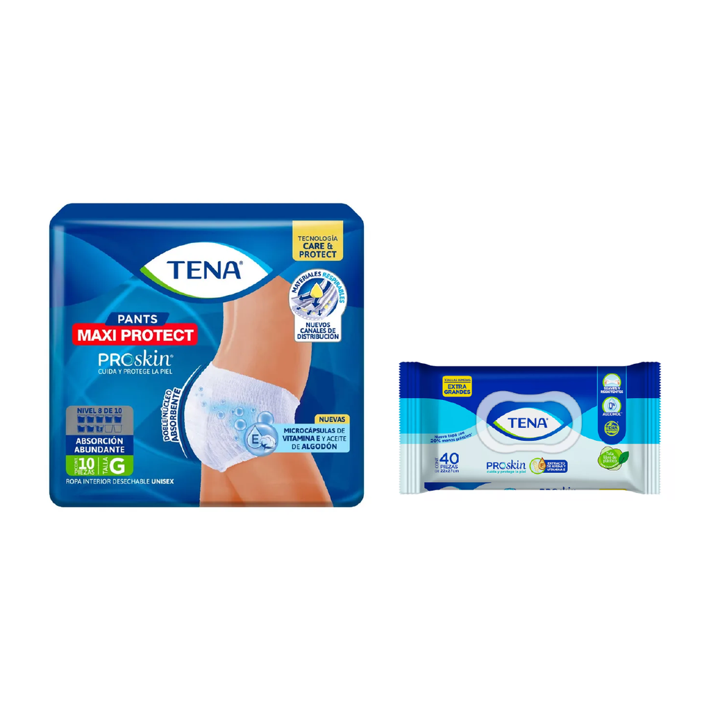 KIT TENA MAXI PROTECT GRANDE 10 PZS + TENA TOALLAS HUMEDAS