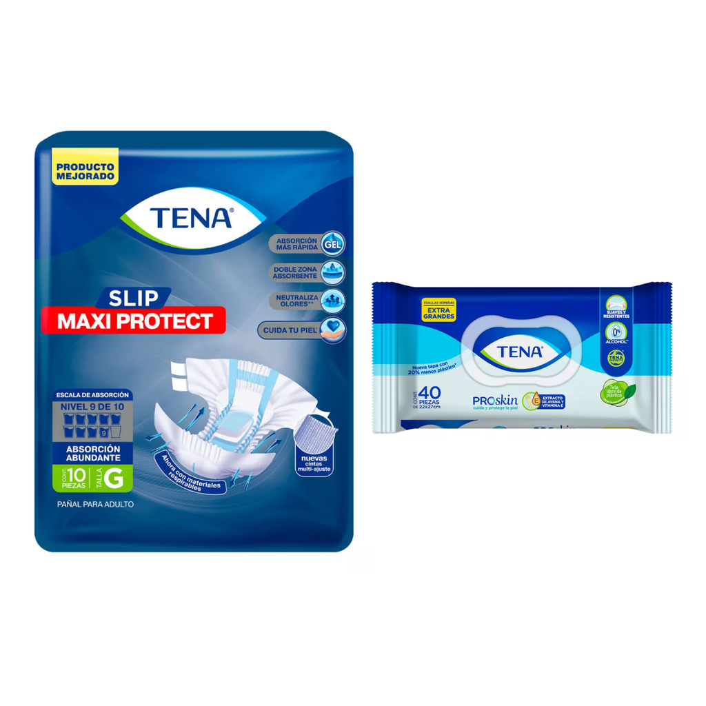 KIT TENA SLIP MAXI PROTECT GRANDE 10pzs+ TENA TOALLAS HUMEDAS PROSKIN