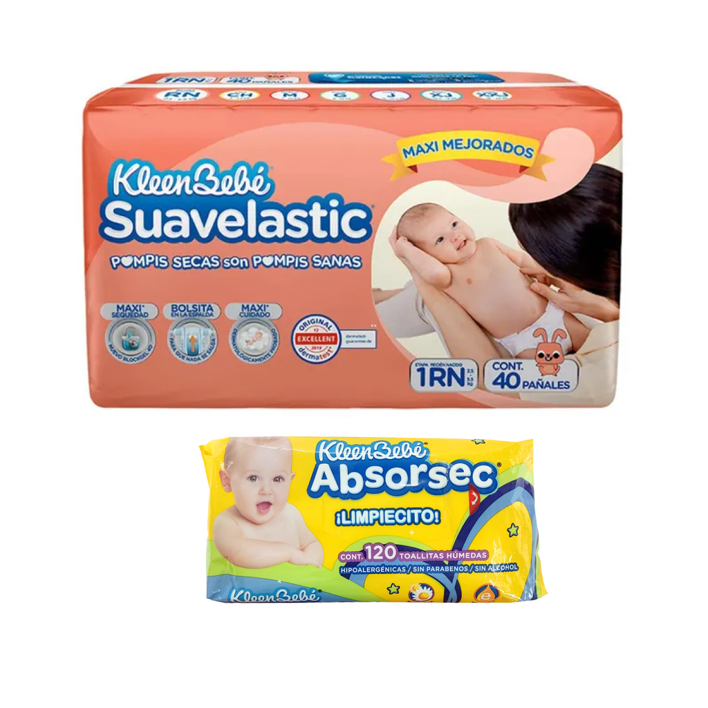 KleenBebé SUAVELASTIC 1 RN 40 PZS+1 KleenBebé ABSORSEC TOALLITAS HUMEDAS KIT KBBRN