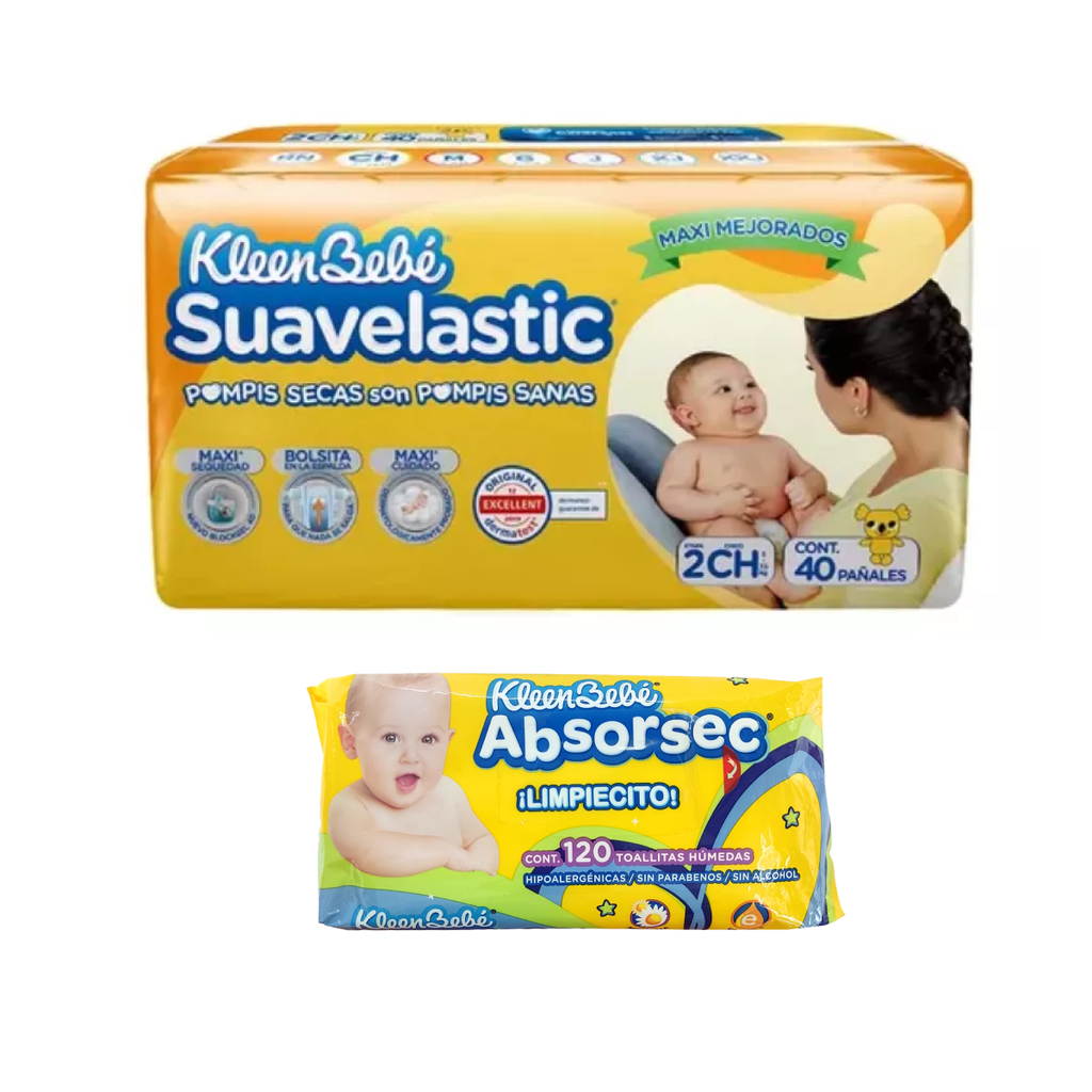 KleenBebé SUAVELASTIC CHICO 40 PZS + 1 KleenBebé ABSORSEC TOALLA HUMEDA KIT KBBCH
