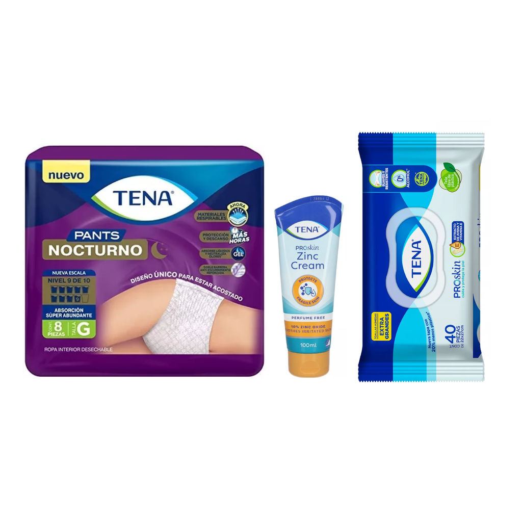 TENA PANTS NOCTURNO UNISEX G 8pzs + TOALLAS HUMEDAS PROSKIN EG 40pzs + CREMA DE  ZINC TENA100mL