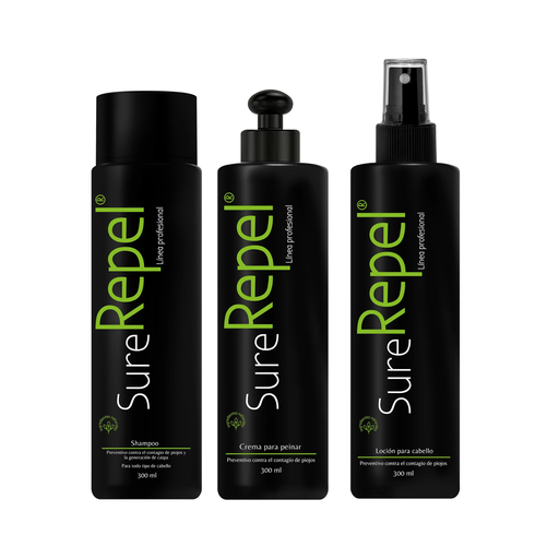 KIT ANTI PIOJOS PROFESIONAL SURE REPEL - SHAMPOO, LOCION Y CREMA PARA PEINAR