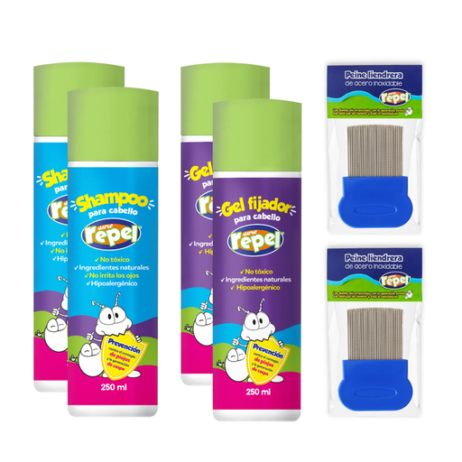 KIT ANTI PIOJOS SURE REPEL 2 SHAMPOO, 2 GEL Y 2 PEINES LIENDREROS