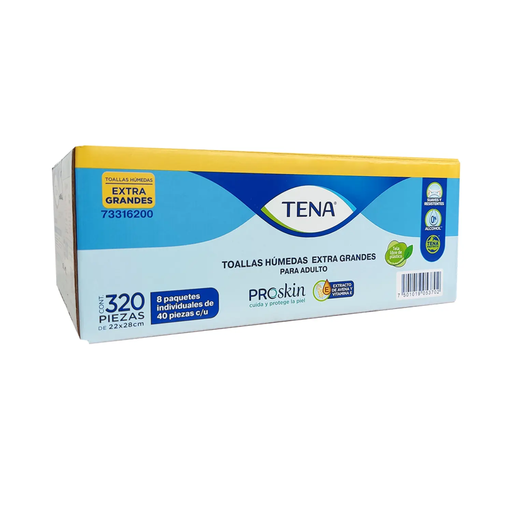 TENA TOALLAS HUMEDAS CAJA CON 8 Paqs. INDIVIDUALES DE 40pzs c/u EXTRA GRANDES