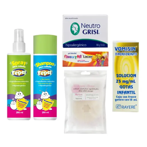 KIT KID LIMPIECITO, PASTA FLUOXYTIL,  SPRAY Y SHAMPOO ANTIPIOJOS SURE REPEL+ 1 JABON NEUTRO GRISI+1 VOMISIN+1 ESPONJA DE BAÑO.