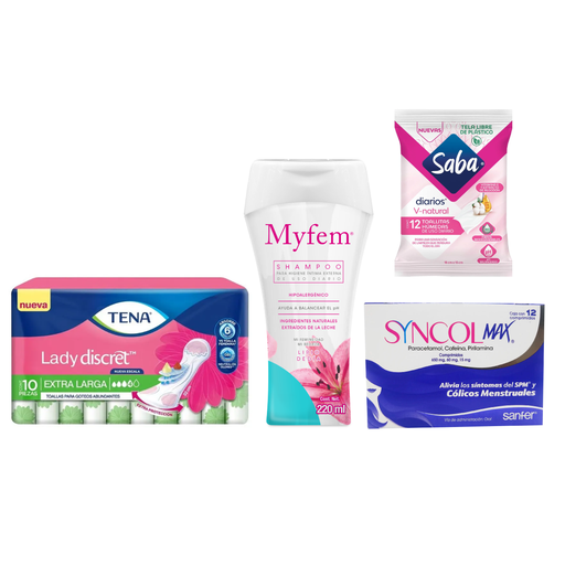 KIT 1 TOALLA TENA LADY D 10 PZS+ 1 TOALLA HUMEDA SABA+ 1 SHAMPOO MYFEM 220 ML +1 CAJA DE SYNCOL MAX