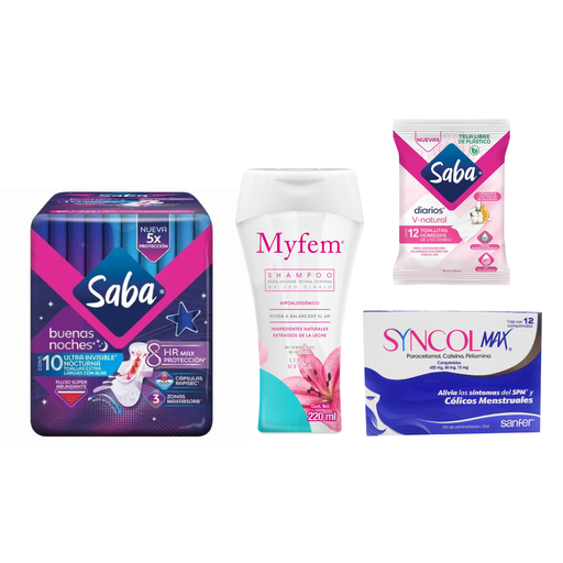 KIT SABA BUENAS NOCHES 10 PZS + SHAMPOO INTIMO MYFEM 220 ML + SYNCOL MAX