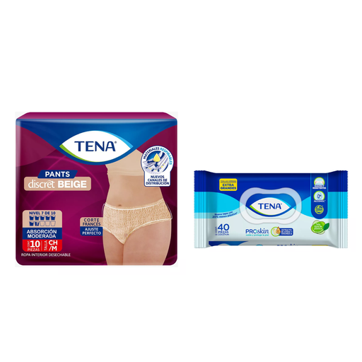 KIT TENA PANTS DISCRET BEIGE CH + TOALLAS HUMEDAS