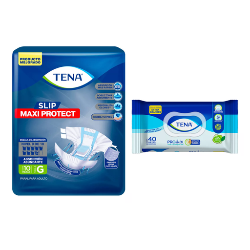 KIT TENA SLIP MAXI PROTECT GRANDE 10pzs+ TENA TOALLAS HUMEDAS PROSKIN