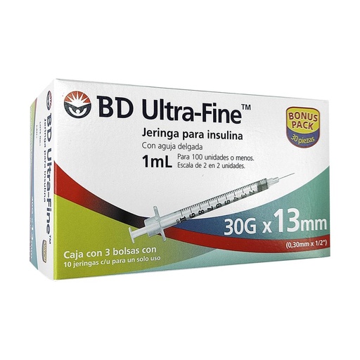 JERINGA DESCHABLE PARA INSULINA BD ULTRA FINE 1mL 30g X 13mm | Gran Capacidad y Máxima Seguridad | Caja con 30 Pzas